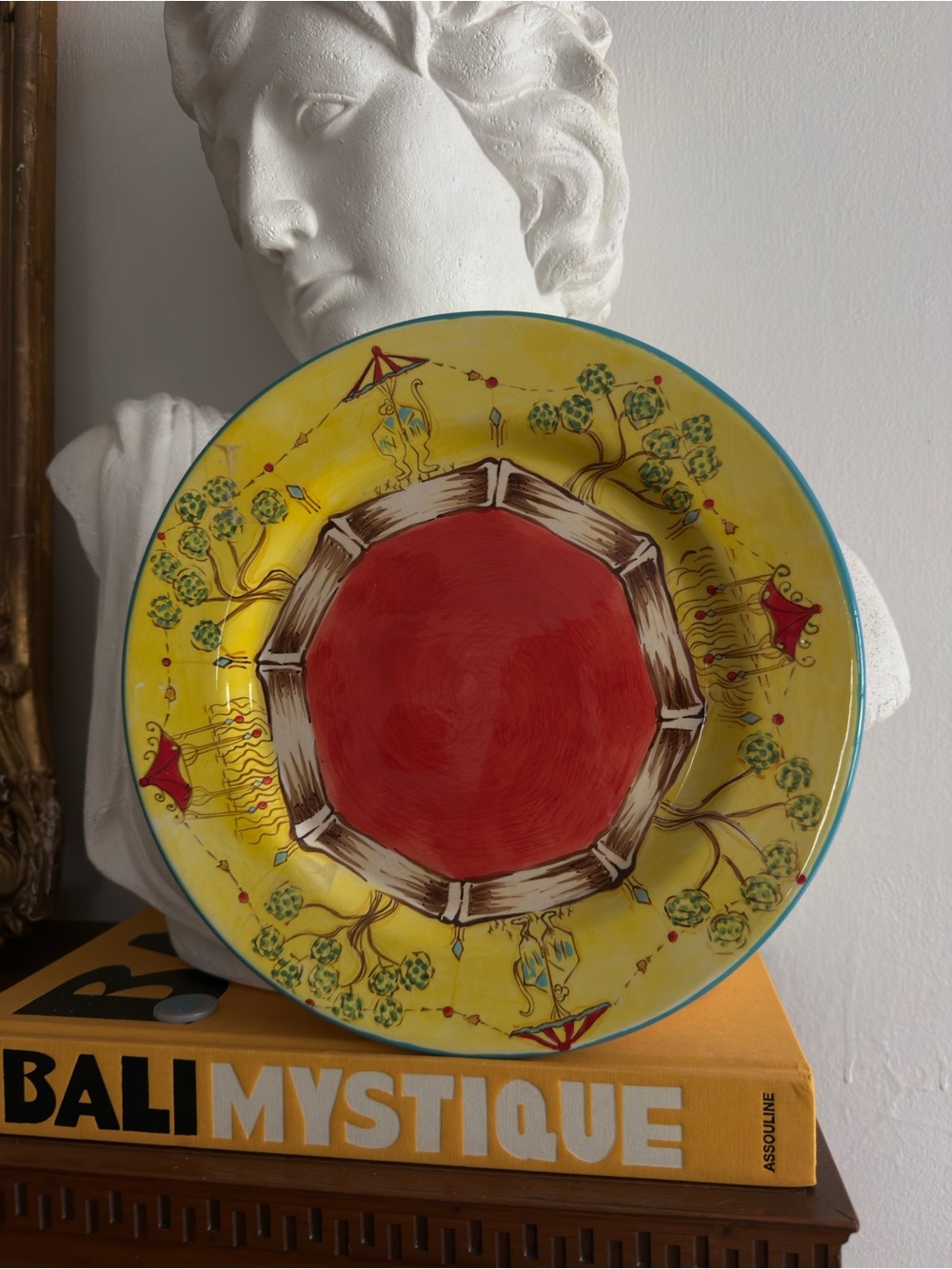 Hand-Painted Ceramic Red & Yellow Gretchen Kelly Chinoiserie Centrum 13" Plate